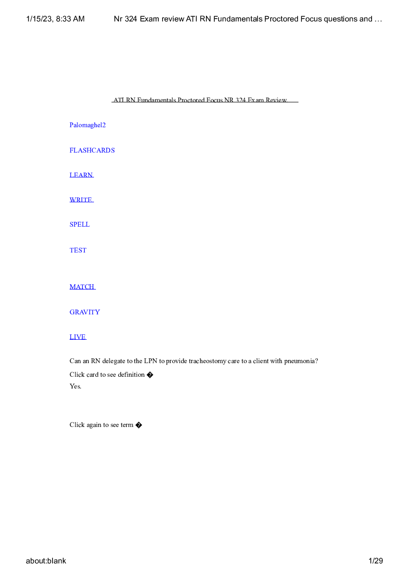 Preview image for Nr 324 Exam review ATI RN Fundamentals Proctored Focus questions and answers